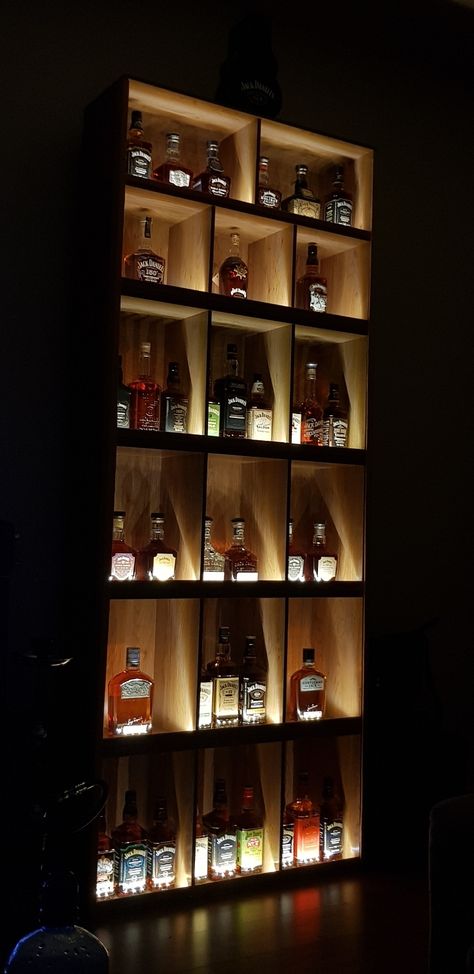 Whisky Storage Ideas, How To Display Liquor Bottles Bar Ideas, Liquor Bottle Display Shelving, Liquor Bottle Wall Display, Small Whisky Bar, Liquor Room Ideas, Whiskey Closet Ideas, Whiskey Rack Ideas, Home Alcohol Display