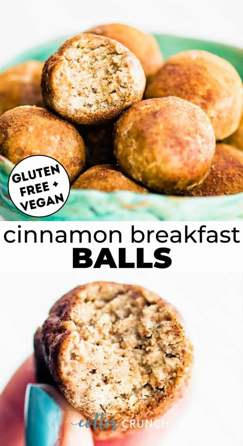 Make these gluten-free, no-bake cinnamon breakfast balls with protein for a simple, nutritious breakfast or snack perfect for on-the-go! Made with no refined sugar, they’re full of complex carbohydrates, fiber, healthy fat, and protein. As a result, they work to keep you full and satisfied for hours. Gluten Free Oat Protein Balls, Gf Df Protein Balls, Gluten Free Bits And Bites, School Friendly Protein Balls, Gluten Free Balls, Healthy Gluten Free Snack Recipes, Healthy Vegan Protein Snacks, 1st Phorm Protein Balls, Nut Free Energy Balls Protein Bites