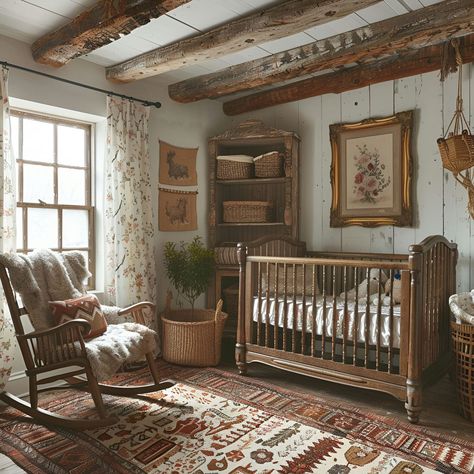 Discover the charm of a rustic baby nursery featuring an antique wooden crib, vintage rocking chair, and earthy tones. Distressed wooden beams accentuate the ceiling while woven baskets offer storage solutions. The room is adorned with oil paintings and floral wall art, creating a cozy, inviting atmosphere. Soft light filters through the windows, enhancing the handmade rug and patterned linens. Old Farmhouse Nursery, Nursery With Rocking Chair, Rocking Chair Vintage, Cottage Nursery Ideas, Vintage Country Nursery, Vintage Nursery Aesthetic, Old Fashioned Nursery, Old English Nursery, Antique Nursery Ideas