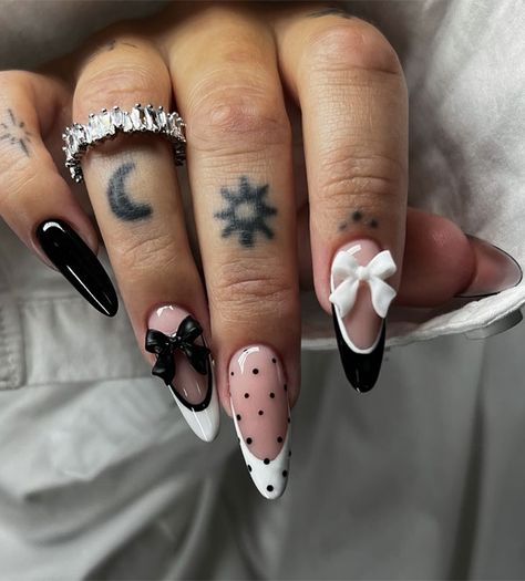 Chic Monochrome Nails with Polka Dots & 3D Bows, Trendy Fall Nails, autumn nails, autumn nail designs, fall color nails Nails With Polka Dots, Monochrome Nails, Trendy Fall Nails, Polka Dot Christmas, Bow Nail Designs, Black Almond Nails, Bow Nail Art, Punk Nails, Airbrush Nails