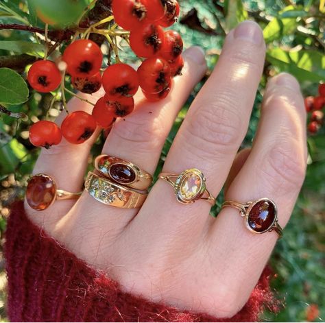 Autumnal stack of citrines and garnets #antiquerings #vintagerings #citrine #citrinering #garnet #garnetring Vintage Ring Stacking Ideas, Vintage Ring Stack, Garnet Aesthetic, Ring Stack Ideas, Wedding Band Stack Ideas, Ring Stacking Ideas, Peas And Carrots, Ring Stacks, Jewelry Accessories Ideas