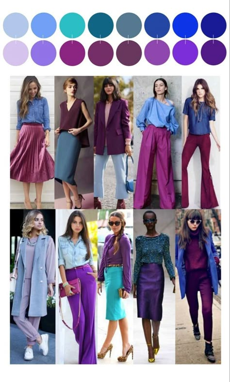 Different Shades Of Purple Outfit, Complementary Outfits Color Schemes, Cool Winter Color Palette Outfit Ideas, Dark Purple Pants Outfit Work, Deep Winter Color Palette Summer Outfits, Winter Colour Combinations Clothes, Purple And Turquoise Outfit, Deep Winter Palette Outfits Colour Combinations, Deep Winter Palette Summer Outfits