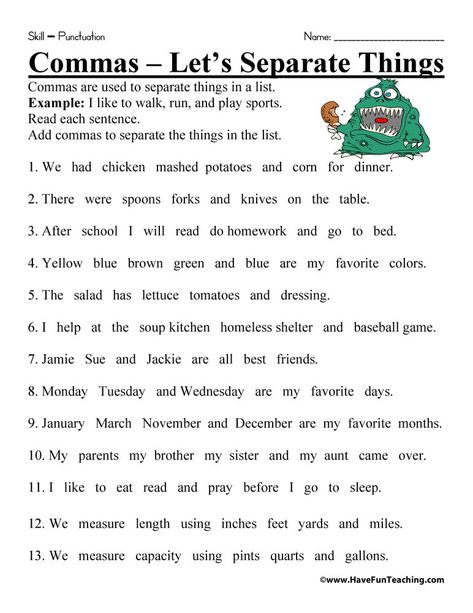 Let's Separate Things Comma Worksheet Use Of Commas Worksheet, Comma Worksheets, Worksheet 3rd Grade, Capitalization Worksheets, Teaching Punctuation, Commas In A Series, Punctuation Activities, Comma Rules, Punctuation Worksheets