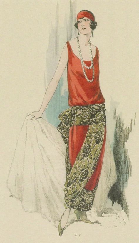 1923 Dernières Créations, Cashmere evening gown and skirt with wide belt forming a large bow at the back 1920 Evening Gown, 1920 Fashion Illustration, 1920 Fashion Women, 1920 Dresses, 1920s Shawl, 1920s Fashion Women, 1920's Fashion, 1920 Fashion, Vintage Party Dresses