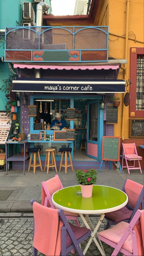 Colourful Coffee Shop, Boba Shop Exterior, Funky Coffee Shop, Whimsical Cafe, Colourful Cafe, Quirky Cafe, Colorful Coffee Shop, Indie Cafe, Eclectic Cafe