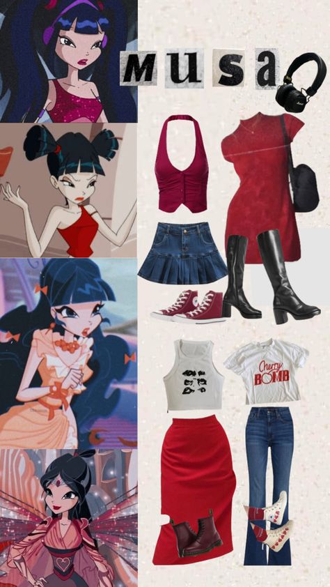 #musa #winx #winxclub #red #winxclubmusa #y2k #outfits #moodboard #myfirstshuffle Bratz Friends, Outfits Moodboard, Character Redesign, Winx Cosplay, Musa Winx, Pretty Halloween, Bratz Inspired Outfits, Cute Couple Halloween Costumes, Character Inspired Outfits