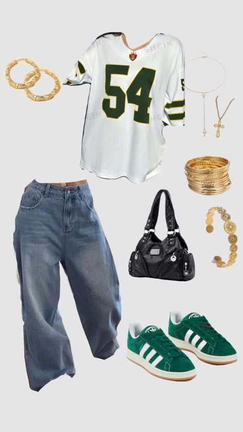 #outfitinspo #outfit #y2k #vintage #green #gold #coolgirlstyle #oversized Streetwear Green Outfit, Green And Black Concert Outfits, Y2k Gold Outfits, Sza Shirt Outfit, Green Outfit Aesthetic Black Women, Sorority Outfits Casual, Green Bandana Outfits, Green School Outfits, Tyler The Creator Outfits Concert