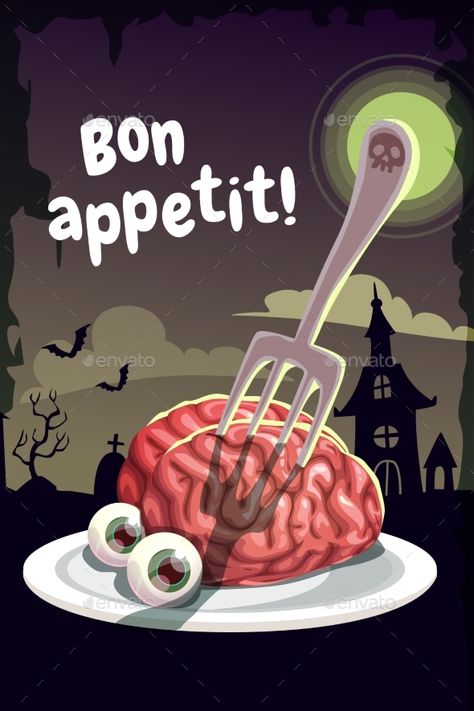 Bon #Appetit. #Scary #Halloween Poster with Creepy - Food Objects Horror Happy Meals, Scary Posters Art, Horror Food Art, Halloween Food Illustration, Halloween Gore Food, Zombie Poster Illustration, Horror Illustration, Creepy Food, Dark Horror