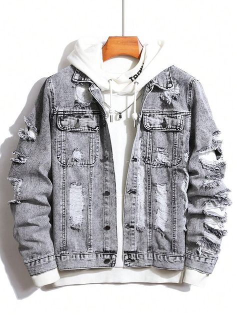 Styl Grunge, Dark Denim Jacket, Clothing Model, Men Jackets, Stylish Hoodies, Guys Clothing Styles, Men Plus Size, Jackets For Men, Cool Outfits For Men