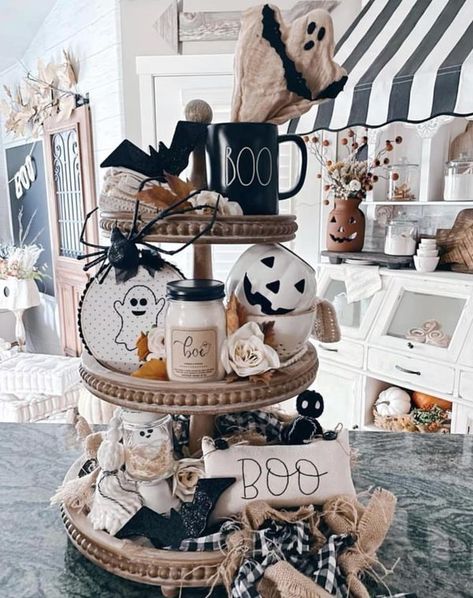 Tiered Tray Decorating & More | Last years tray 🤍🖤 | Facebook Halloween Tray, Two Tiered Tray, Fall Tags, Halloween Decor Crafts, Tier Tray Ideas, Halloween Tiered Tray Decor, 3 Tier Tray, Halloween Svgs, Happy Friyay