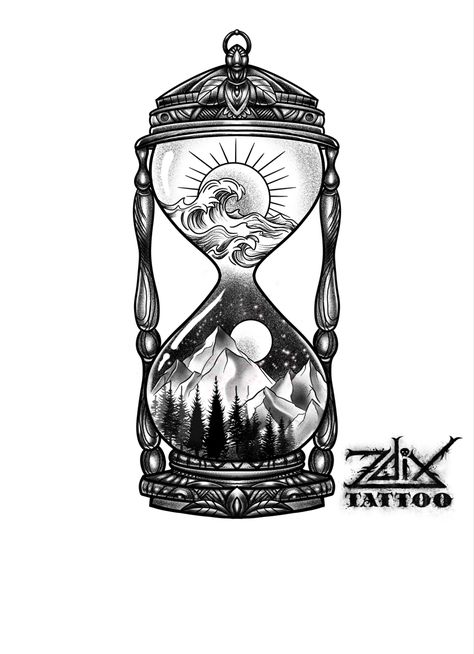 Sand clock tattoo, sun moon, tattoo, day night, tattoo, sea mountain forest tattoo Night Themed Tattoo Sleeve, Sun And Moon Sand Timer Tattoo, Day And Night Hourglass Tattoo, Sand Dial Tattoo, Day And Night Tattoo Ideas, Tattoo Sand Clock, Sand Timer Tattoo Design, Day Night Tattoo, Sun Dial Tattoo