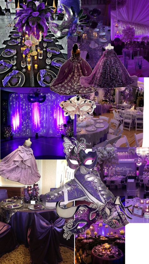 Purple Masquerade Party Decorations, Purple Masquerade Quinceanera Ideas, Masquerade Themed Quinceanera, Mardi Gras Quinceanera Theme, Quince Masquerade Theme, Masquerade Ball Sweet 16 Ideas, Purple And Black Quince, Mascarade Sweet 16, Dark Purple Quinceanera Theme