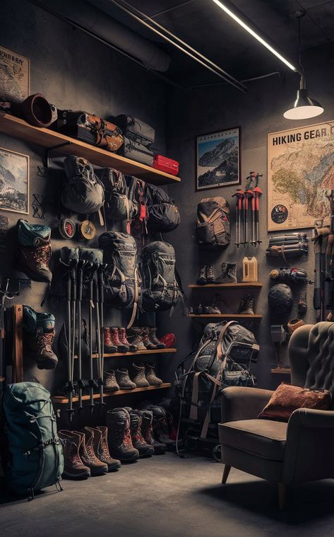 Create a rugged and durable adventure room with industrial gear wall ideas! These designs are perfect for heavy-duty outdoor gear storage and keeping your hiking essentials organized in a strong, practical space. 🛠️ #IndustrialGearRoom #HikingGear #OutdoorGearStorage Hiking Equipment Storage, Camp Gear Organization, Hiking Gear Storage Ideas, Adventure Gear Storage, Hunting Gear Storage Ideas, Outdoor Gear Storage Ideas, Cabin Storage Ideas, Hunting Storage Room, Outdoor Gear Room