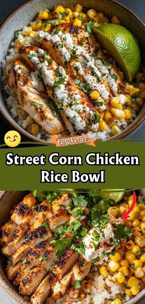 Take your taste buds on a trip with this street corn chicken rice bowl, bursting with the flavors of grilled corn, spicy chicken, and fresh lime. #StreetCorn #ChickenBowl #Flavorful Street Corn Rice Chicken Bowl, Corn Chicken Rice Bowl, Chicken For Rice Bowls, Grilled Chicken And Rice Bowls, Chicken Street Corn Rice Bowl, Street Corn Bowl Chicken, Mexican Street Corn Rice Bowl, Chicken Elote Bowl, Street Corn Chicken Rice Bowl Recipe