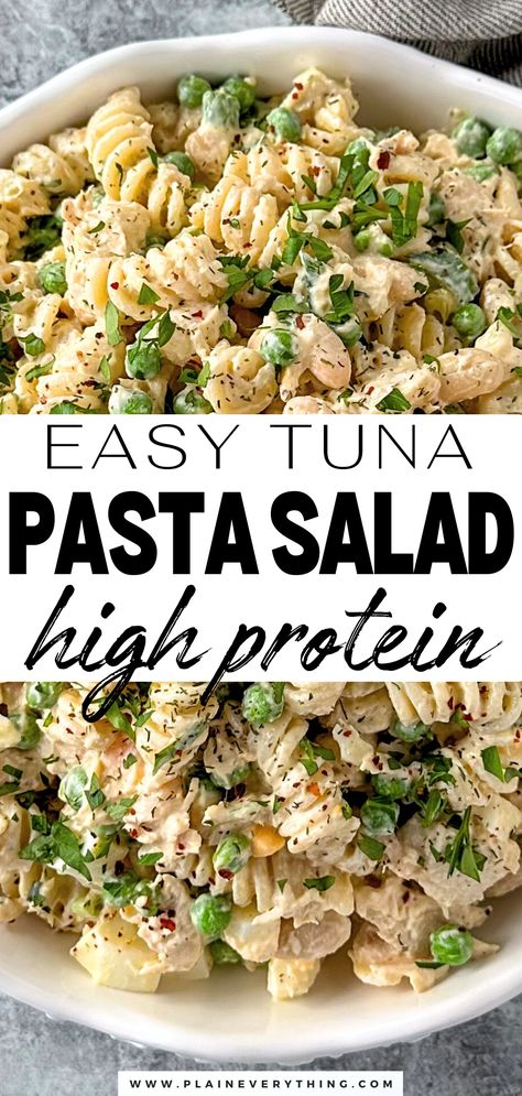 Easy Tuna Pasta Salad Recipe High Protein Easy Tuna Pasta Salad, Easy Tuna Pasta, Tuna Pasta Salad Recipes, Tuna Pasta Salad, Tuna Salad Pasta, Protein Dinner, High Protein Meal Prep, Healthy High Protein Meals, Tuna Pasta