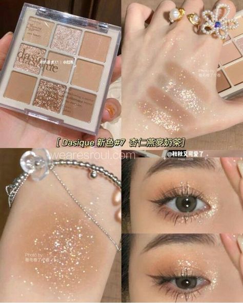 Korean Glitter Eye Makeup, Dasique Shadow Palette, Beige Shades, Eye Makeup Cosmetics, Eye Makeup Palette, Cute Eye Makeup, Doll Eye Makeup, Glitter Eyeshadow Palette, Korean Eye Makeup