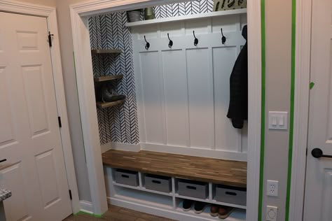 How I Turned This Closet into a Mudroom! Hall Closet Mudroom Entrance, Hall Closet To Mudroom Diy, Closet Turned Into Cubbies, Entry Closet With Bench, Hall Tree In A Closet, Coat Closet Converted To Mudroom, Hall Closet Mudroom Makeover, Closet Turned Into Bench, Entryway Closet Storage