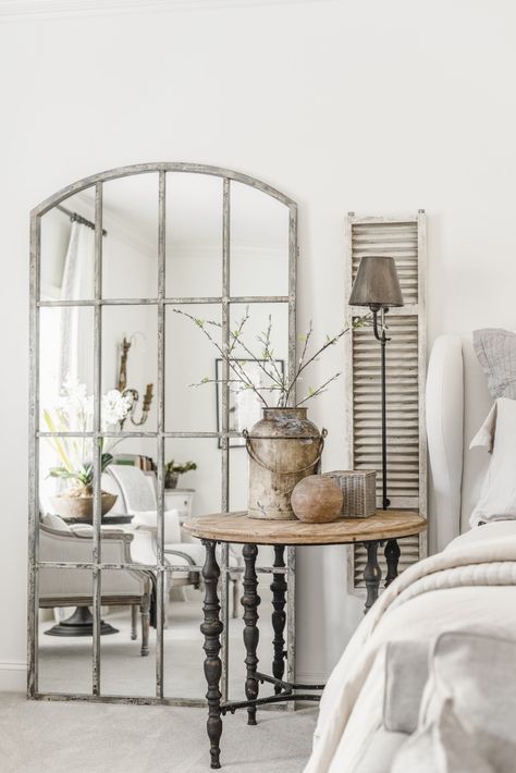 Romantic Transitional Bedroom — Sara Lynn Brennan Interiors Divan Cama, Sara Lynn, Transitional Bedroom, Arched Mirror, Pretty Bedroom, Pretty Room, Hand Forged Iron, Transitional Decor, Forged Iron