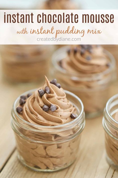 instant chocolate mousse with instant pudding mix createdbydiane.com Instant Pudding Desserts, Instant Pudding Recipes, Chocolate Pudding Dessert, Jello Pudding Recipes, Quick Puddings, Pudding Recipes Homemade, Chocolate Pudding Desserts, Chocolate Pudding Recipe, Keto Chocolate Mousse