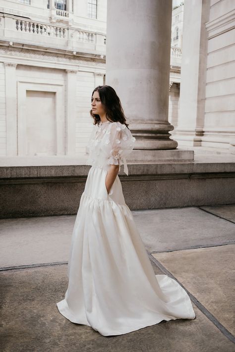 CORA + MAE | Square Neck Wedding Dress with Full Skirt + Silk Organza Bridal Top — UNBRIDLED STUDIO Liverpool Design, Contemporary Wedding Dresses, Square Neck Wedding Dress, Dress With Organza, Puff Sleeve Wedding Dress, Sleeved Wedding Dress, Minimalist Gown, Organza Bridal, Contemporary Wedding Dress