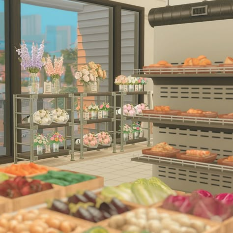 sims 4 grocery store build ~ all cc is linked ♡ Sims 4 Stores Retail, The Sims 4 Grocery Store Cc, Sims 4 Retail Store No Cc, The Sims 4 Retail Store Cc, Sims4 Grocery Store, Sims Grocery Store, Ts4 Retail Cc, Sims Store Cc, Sims 4 Grocery Store Mod