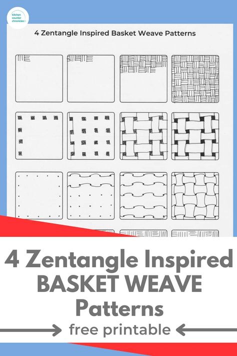 Learn 4 zentangle basket weave patterns with step-by-step instruction sheet. This free printable will help you learn these fun doodled basketweaving patterns. Filler Zentangle Patterns, Zentangle Basket Weave Pattern, Zentangle Weave Pattern, Weave Design Pattern, Basic Zentangle Patterns, Zentangle Step Out Patterns, Zentagle Drawing Easy Step By Step, Beginner Zentangle Patterns Step By Step, Zen Tangle Patterns Easy