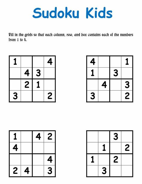 Soduko Printable Easy, Sudoku 4x4, Printable Sudoku Puzzles, Printable Sudoku, Sudoku Printable, Sudoku For Kids, Printable Puzzles For Kids, Free Kids Coloring Pages, Sudoku Puzzles