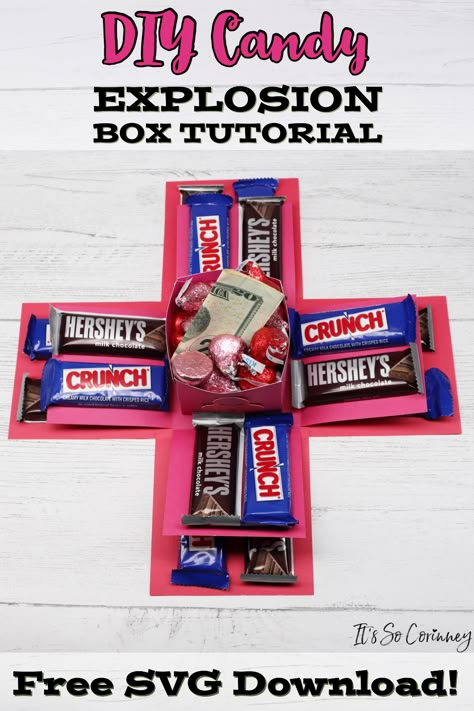 Learn how to make a super cute DIY candy explosion box for any occasion! Check out the step by step tutorial and free SVG download today! #paper #cricut #crafts Candy Surprise Box Diy, Nesting Box Candy Gift, Candy Explosion Box Ideas Diy, Pop Out Box Diy, Christmas Candy Box Ideas, Diy Surprise Box Pop Up, Box Inside A Box Gift Ideas, Candy Boxes Ideas, Pop Up Gift Box Diy