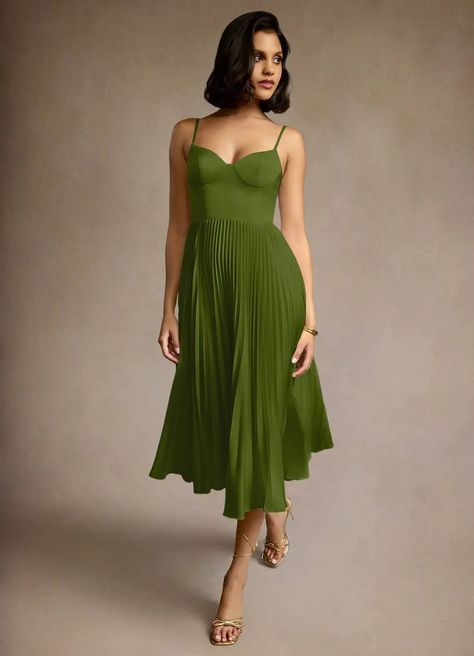 Emma Olive Green Pleated Midi Dress Atelier Dresses | Azazie Olive Green Formal Dress, Wedding Rehearsal Dress, Cocktail Dress Code, Atelier Dress, Green Formal Dresses, Military Ball Dresses, Special Event Dresses, Fall Wedding Guest Dress, Olive Green Dresses