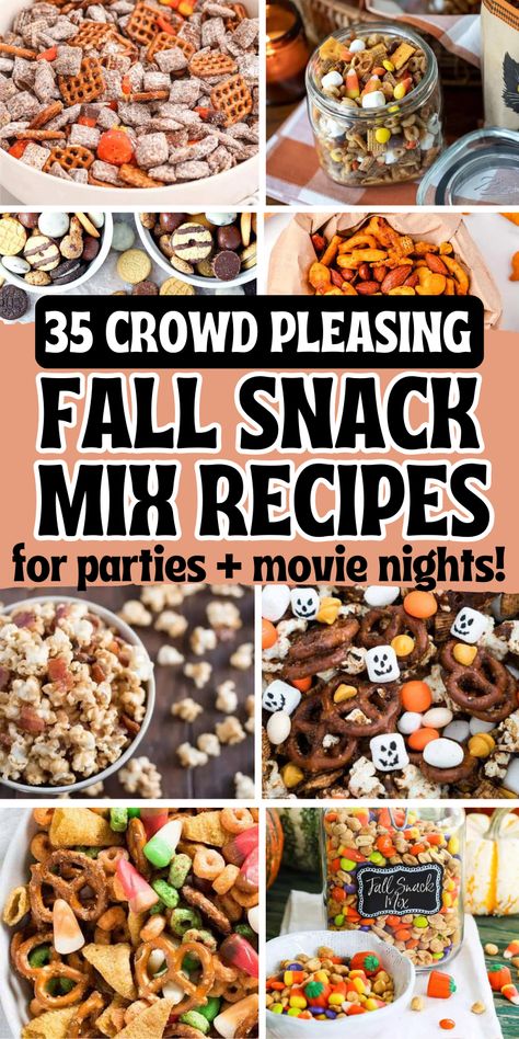 Easy fall snack mix recipes that make fun fall treats for parties, cheap movie night snacks and festive potluck ideas for a crowd. Snack Mix For Tailgate, Fall Snacks For Work Party, Autumn Snack Mix Candy Corn, Fall Class Snacks For Kids, Fall Party Munchies, Preschool Fall Snack Ideas, Sweet Trail Mix Ideas, Treat Bag Ideas For Adults, Fall Snack Mix Treat Bags