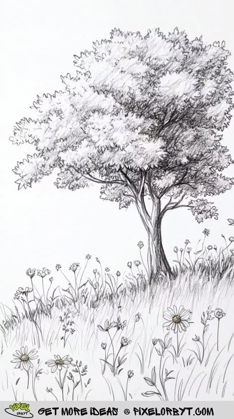 30+ Tree Sketching Ideas: Exploring Nature - Pixel Orbyt Sketch Ideas Nature Easy, Beautiful Nature Sketches, Drawing Ideas Trees Nature, How To Draw Backgrounds Landscapes, Flowers And Plants Drawing, How To Sketch A Tree, Natural Landscape Drawing, Easy Drawing Nature, Nature Pen Drawing