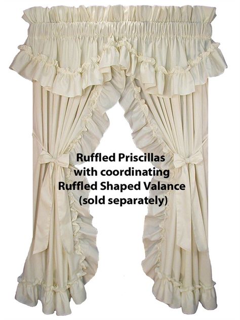 Stephanie Solid Color Country Ruffled Priscilla Window Curtains with Bow Tie Backs