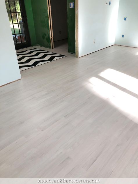 My Finished DIY Whitewashed Red Oak Hardwood Floors - Addicted 2 Decorating® Bleaching Hardwood Floors, Pickled Floors, Redwood Floors, Bleached Red Oak, Wash Wood Floors, Whitewash Floors, White Wash Wood Floors, White Wash Oak Floor, White Hardwood Floors