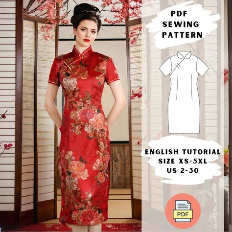 Cheongsam Sewing Pattern, Cheongsam Dress Pattern, Chinese Dresses Pattern, Cheongsam Pattern, Sewing Dresses For Women, Qipao Pattern, Chinese Cheongsam Dress, Chinese Qipao, Cheongsam Modern