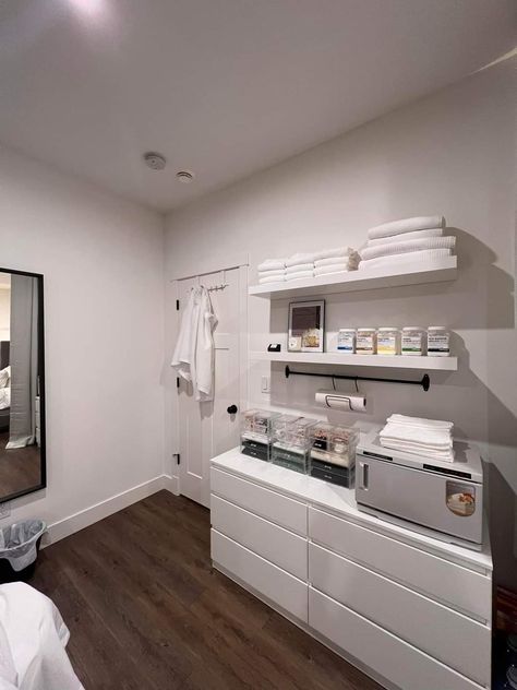 Facial Room Layout Plan, Shared Esthetician Room, Lash Room Cabinets, Esthetician Storage Cabinet, Esthetician Supplies Organization, Esthetician Retail Ideas, Esthetics Organization, Spa Storage Ideas, Esthetician Room Checklist