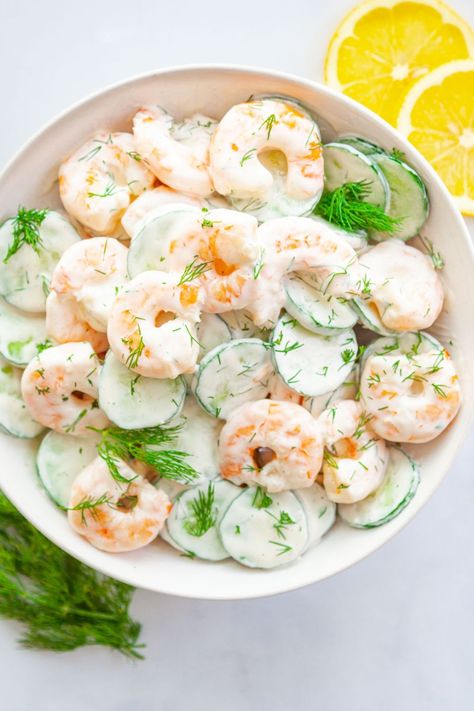 Cold shrimp and sliced cucumber with a creamy, lemony dressing and fresh herbs. Easy and flavorful! Shrimp And Cucumber, Cucumber Shrimp, Cooking Raw Shrimp, Cold Shrimp, Lemony Dressing, Lemon Garlic Shrimp Pasta, Sliced Cucumber, Sea Food Salad Recipes, Shrimp Salad Recipes