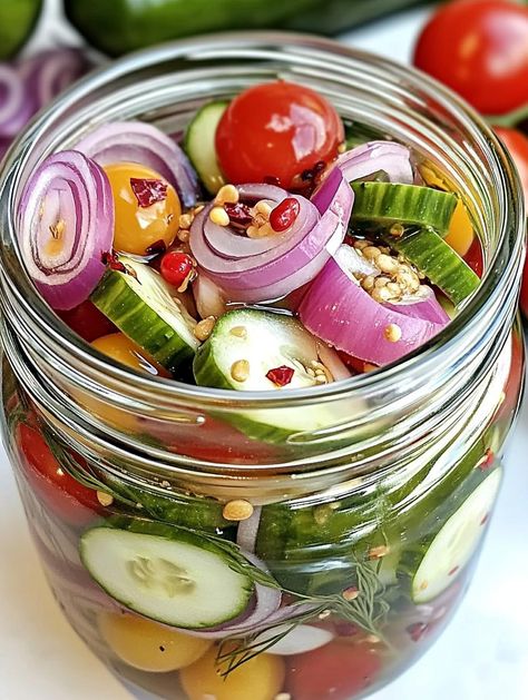 Pickled Cherry Tomatoes, Red Onions, and Cucumbers Pickled Veggies Recipe, Pickled Cherry Tomatoes, Easy Pickling Recipes, Pickled Vegetables Recipe, Pickled Tomatoes, Pickled Cherries, Refrigerator Pickles, Fermentation Recipes, Onion Relish