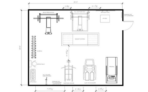 500 Square Foot Home Gym: Free Floor Plan & Equipment List | PowerliftingTechnique.com Small Gym Floor Plan, Home Gym Dimensions, Small Home Gym Layout, Small Gym Layout, Gym Design Plan, Home Gym Layout Floor Plans, Home Gym Floor Plan, Gym Plan Architecture, Gym Layout Plan