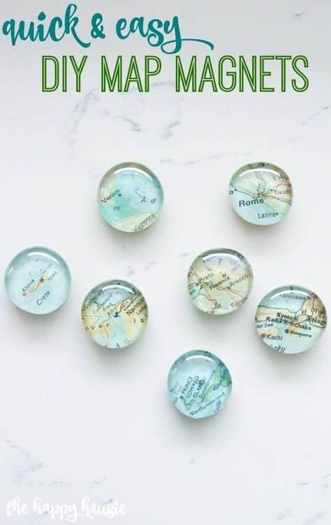 You can make these Quick & Easy DIY Map Magnets a great DIY Gift Idea tutorial at the happy housie-8 Map Magnets, Marble Magnets, Diy Map, Cheap Diy Crafts, Easy Homemade Gifts, Map Crafts, Glass Magnets, Easy Diy Gifts, Cadeau Diy