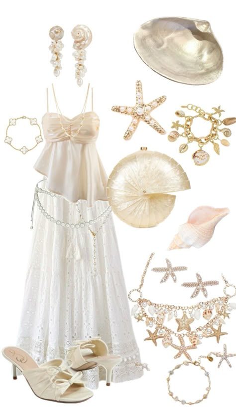 Cream mermaid outfit sea underwater mermaid shiny seashells Delicate Clothes Aesthetic, Sea Shell Tops, Coachella Beach Outfit, Mermaid Core Fits, Ethereal Siren Outfit, Fairy Mermaid Aesthetic, Underwater Party Outfit, Mermaid Core Casual Outfit, Under The Sea Theme Dress