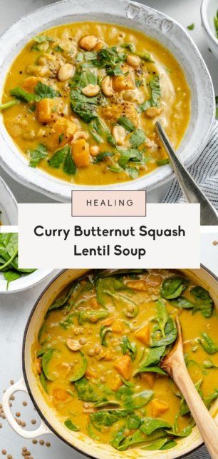 Butternut Squash Lentil Soup, Squash Lentil Soup, Butternut Squash Lentil, Butternut Squash Spinach, Butternut Squash Curry, Easy Delicious Meals, Roasted Tomato Basil Soup, Butternut Squash Soup Recipe, Squash Soup Recipe