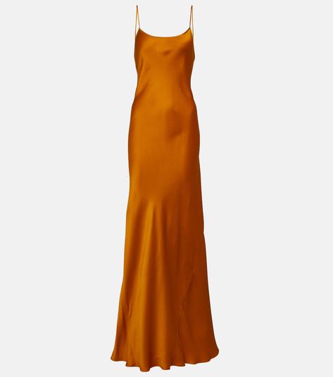 Cami satin gown in orange - Victoria Beckham | Mytheresa Orange Silk Maxi Dress, Burnt Orange Evening Dress, Orange Graduation Dress, Orange Saree Look, Sunset Gown, Orange Dress Outfits, Orange Satin Dress, Orange Evening Dresses, Orange Dress Wedding