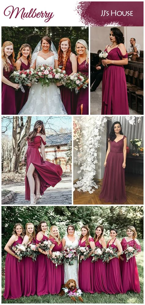 Mulberry Wedding Palette, Mulberry Color Palette Weddings, Berry Bridesmaid Dresses Color Schemes, Bridesmaid Dresses Mulberry, Dark Pink Fall Wedding, Mulberry Wedding Colors, Mulberry Bridesmaid Dresses With Groomsmen, Mulberry Color Wedding, Azazie Mulberry Bridesmaid Dresses