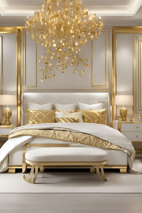 Gold Themed Bedroom, Bedroom Ideas Gold, Classic Bedroom Ideas, Golden Bedroom, White Gold Bedroom, White And Gold Bedroom, Grey And Gold Bedroom, Blue And Gold Bedroom, Gold Bedroom Ideas