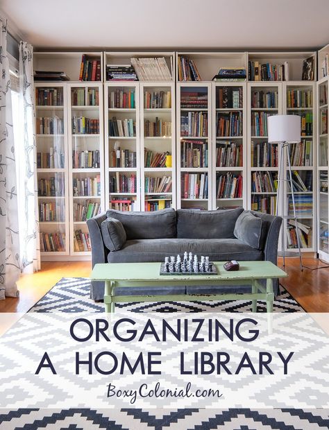 tips for organizing a home library: catalog your books Home Library Organization, Home Library Diy, Library Diy, Billy Ikea, Glass Shelves In Bathroom, Library Organization, Kitchen Glass, Ikea Billy, Dining Room Makeover