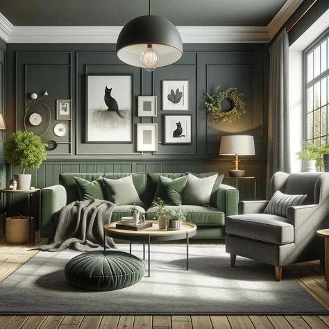 charcoal gray and forest green living room Light Green And Gray Living Room, Living Room Designs Emerald Green, Dark Green Grey Black Living Room, Green Forest Living Room, Forest Hues Living Room, Forest Green Lounge Living Rooms, Green Brown Black Living Room, Green Gray Wood Living Room, Forest Green And Gray Living Room