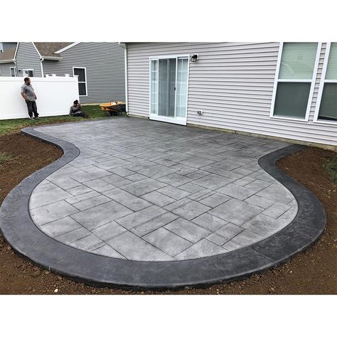 Back Patio Cement Ideas, Concrete Patio Stamp Ideas, Raised Cement Deck, Driveways And Walkways, Concrete Patio Ideas Small Backyard, Stamped Concrete Patio Off Deck, Pored Concrete Patios, Stamped Concrete With Fire Pit, Concrete Ideas Backyard