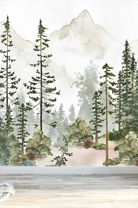 Watercolor Pine Tree Forest Mountains Peel and Stick Wallpaper Self Adhesive Nursery Décor Fabric Woodland Decal - Custom Sizes Mural #3195 (108" H x 155" W, White Sky) Owl Nursery Decor, Kindergarten Wallpaper, Pine Tree Forest, Forest Mural, Pine Trees Forest, Pine Mountain, Forest Wall Mural, Tree Decals, Forest Nursery