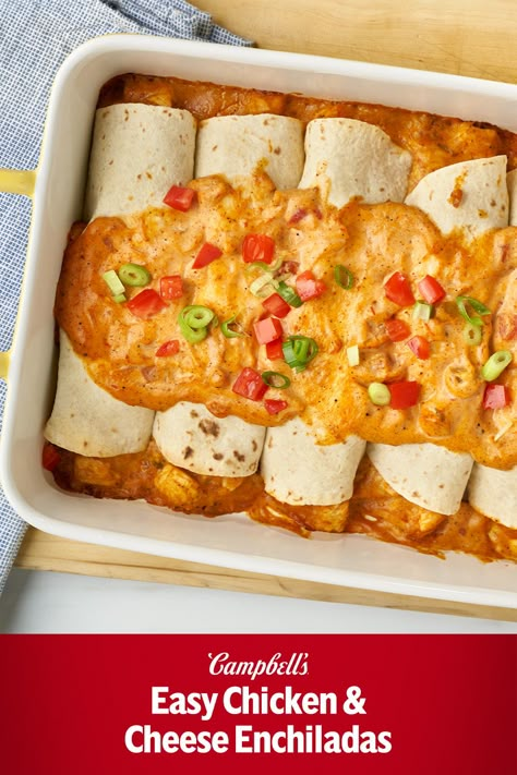 This Easy Chicken & Cheese Enchiladas is the easiest homemade enchiladas recipe ever  A few pantry staples and 15 minutes and it goes into the oven. The combination of Cream of Chicken soup, picante sauce, sour cream and chili powder makes a creamy, spicy sauce goes both into the filling and on top.  The only real prep is chopping the chicken, and any cooked chicken will work. You can even customize the toppings for these Easy Chicken & Cheese Enchiladas, think tacos and load them up! Chicken Cheese Enchiladas Easy, Easy Dinners With Chicken, Campbells Enchiladas, Campbell Chicken Enchiladas, Chicken And Cheese Enchiladas, Chicken Enchilada Recipes, Chicken Enchiladas With Cream Of Mushroom Soup, Best Chicken Enchiladas Ever, Campbell Soup Chicken Enchiladas Recipe