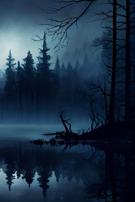 foggy forest landscape Spooky Landscape Photography, Painting Of Forest Trees, Forest Lake Aesthetic Dark, Fantasy Dark Landscape, Eerie Lake Aesthetic, Dark Forest Scary, Scary Forest Art, Forest Night Painting, Spooky Forest Painting